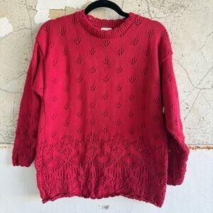 Vtg 80s Sweater Pointelle Knit Red Lace Pattern Made in USA Womens M Cottagecore